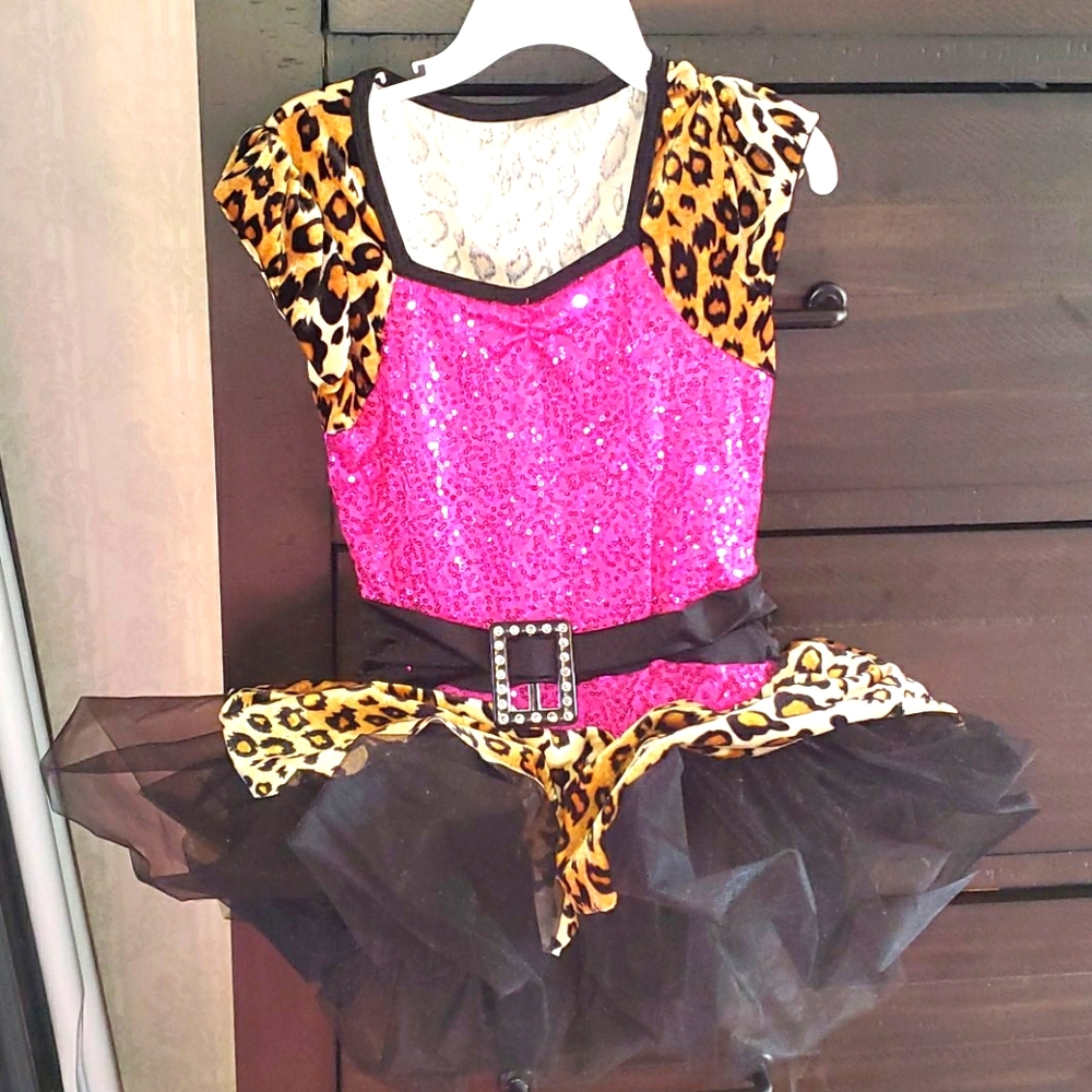 Pink and Brown Dance Costume with Sequin Bodice and Animal Print